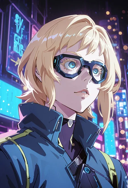 ((masterpiece, best quality, ultra detailed, vibrant anime style:1.3), (Slv1aGldb3rg),blue eyes, (blonde hair:1.05), cyberpunk sniper with digital eyepiece, sci-fi mood, cyberpunk city, bokeh,