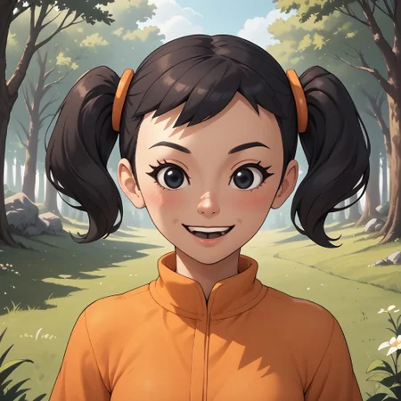 score_9, score_8, BREAK, solo, mii, wii, black hair, twintails, black eyes, dot eyes, blush, open mouth, teeth, orange clothing, black pants, sneakers, wii music, female mii, 1girl, Naoko_(\Wii_Music\), Nintendo Mii, modern_mii, classic_mii, cute, small breasts, sexy pose, self portrait, smile, outdoors, sunlight, shadows, evening lighting, natural lighting, forest, trees, grass, orange sky, sunset