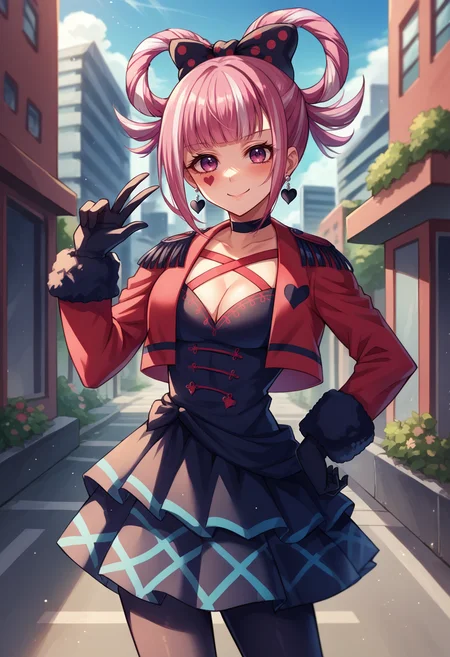 score_9, score_8_up, score_7_up, source_anime, 1girl, cowboy shot, hand on hip, looking at viewer, smile, BREAK <lora:HortensiaFE-pdxl:1> casHort, multicolored hair, hair rings, blunt bangs, hair bow, polka dot bow, sidelocks, heart facial mark, black choker, heart earrings, red cropped jacket, epaulettes, long sleeves, fur trim, black gloves, cross-laced dress, cleavage, frills, black pantyhose, outdoors, city
