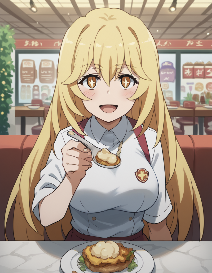 score_9, score_8_up, score_7_up, source_anime, <lora:misaki-shokuhou-s3-ponyxl-lora-nochekaiser:1>, misaki shokuhou, blonde hair, hair between eyes, long hair, symbol-shaped pupils, yellow eyes, large breasts, <lora:incoming-spoon-ponyxl-lora-nochekaiser:1> incoming food, spoon, holding, holding spoon, food, looking at viewer, open mouth, blush, smile, restaurant, plate, hand up,, ,