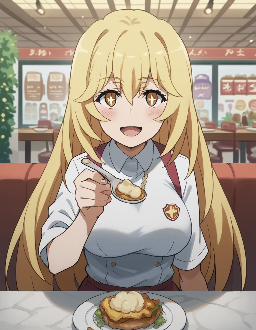 score_9, score_8_up, score_7_up, source_anime, <lora:misaki-shokuhou-s3-ponyxl-lora-nochekaiser:1>, misaki shokuhou, blonde hair, hair between eyes, long hair, symbol-shaped pupils, yellow eyes, large breasts, <lora:incoming-spoon-ponyxl-lora-nochekaiser:1> incoming food, spoon, holding, holding spoon, food, looking at viewer, open mouth, blush, smile, restaurant, plate, hand up,, ,