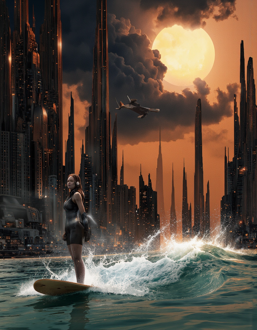 Art by Col Price & Alexey Egorov.
A digital illustration taken from the side on a futuristic cityscape with tall skyscrapers and a river. The image also shows a young woman with fair skin and long brown hair, standing on a surfboard in the middle of the river. She is wearing a futuristic outfit. The woman appears to be in her twenties, with a slim body. She has brown hair styled in loose waves and is wearing headphones. The background features tall futuristic buildings with a warm orange glow, against a dark and stormy sky with a large sun shining in the upper right corner. The cityscape is filled with tall and pointy structures, and on the river there are breaking waves on which the young woman is surfing. The surface of the water reflects the warm colors of the sky.
