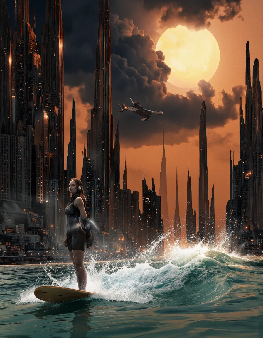 Art by Col Price & Alexey Egorov.
A digital illustration taken from the side on a futuristic cityscape with tall skyscrapers and a river. The image also shows a young woman with fair skin and long brown hair, standing on a surfboard in the middle of the river. She is wearing a futuristic outfit. The woman appears to be in her twenties, with a slim body. She has brown hair styled in loose waves and is wearing headphones. The background features tall futuristic buildings with a warm orange glow, against a dark and stormy sky with a large sun shining in the upper right corner. The cityscape is filled with tall and pointy structures, and on the river there are breaking waves on which the young woman is surfing. The surface of the water reflects the warm colors of the sky.
