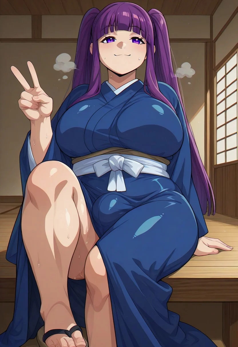 score_9, score_8_up, score_7_up, score_6_up, source_anime, cartoon, BREAK, ultra hd quality details, masterpiece, abs, ambush, futa only, futanari, chubby, chubby thighs, smug, solo, steam, steaming body, sweat, oiled skin, thick thighs, veins veiny, peace sign, pectorals, big boobs, (dojo, indoors)), big hips, big breasts, muscular, plump, voluptuous, venus body, bulge, bulge, covered breasts, FERNCYQL, 1girl, solo, purple hair, blunt bangs, straight hair, sidelocks, purple eyes, long hair, kimono, sitting, japanese clothes, sash, smile, obi, windchime, veryahoge, blue kimono, sandals, widesleeves, longsleeves, twintails, lowtwintails, flower