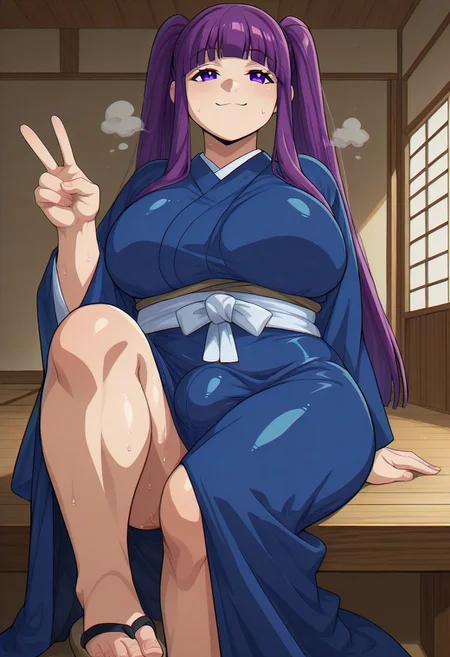score_9, score_8_up, score_7_up, score_6_up, source_anime, cartoon, BREAK, ultra hd quality details, masterpiece, abs, ambush, futa only, futanari, chubby, chubby thighs, smug, solo, steam, steaming body, sweat, oiled skin, thick thighs, veins veiny, peace sign, pectorals, big boobs, (dojo, indoors)), big hips, big breasts, muscular, plump, voluptuous, venus body, bulge, bulge, covered breasts, FERNCYQL, 1girl, solo, purple hair, blunt bangs, straight hair, sidelocks, purple eyes, long hair, kimono, sitting, japanese clothes, sash, smile, obi, windchime, veryahoge, blue kimono, sandals, widesleeves, longsleeves, twintails, lowtwintails, flower