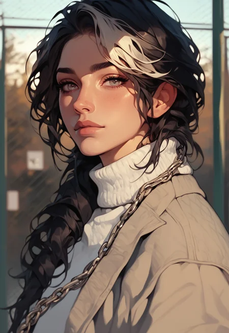 score_9,score_8_up,score_8,score_9, pastel colors, high contrast,
BREAK,
anime girl, standing near a chain-link fence with sunlight casting patterned shadows on her face, wearing a Nordic knit sweater with detailed green, navy, and cream patterns, soft expression, shoulder-length dark hair with natural highlights, artistic lighting, depth of field, calm and nostalgic urban setting, warm afternoon tones, soft cinematic shadows, semi-realistic texture, highly detailed eyes, elegant atmosphere