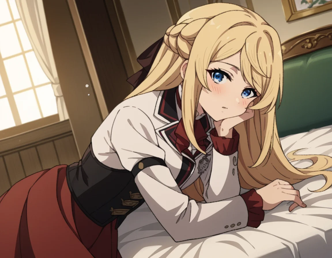 score_9, score_8_up, score_7_up, source_anime,
arielanemoiasura, <lora:ariel-anemoi-asura-s2-ponyxl-lora-nochekaiser:1>,
ariel anemoi asura, long hair, blue eyes, blonde hair, braid, french braid,
skirt, long sleeves, pantyhose, frills, shoes, red skirt, loafers, white pantyhose, blazer, white blazer, corset, black corset,
indoors, bed, bed room, on side, blush, drunk,
looking at viewer, dutch angle, cowboy shot,