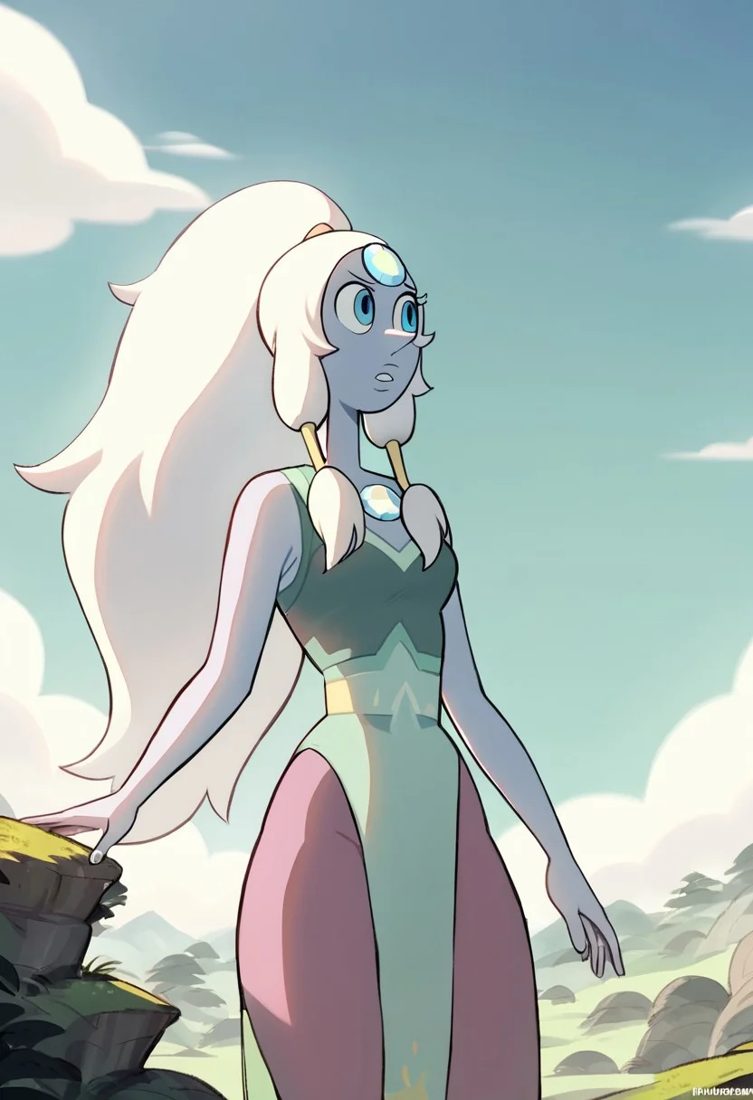 opal, plump lips, periwinkle skin, pointy nose, blue eyes, white hair, ponytail,
opal outfit #1, four arms, thighs, 
1girl, solo, solo female, score_6, score_6_up, score_7, score_7_up, 
outdoors, cloudy,