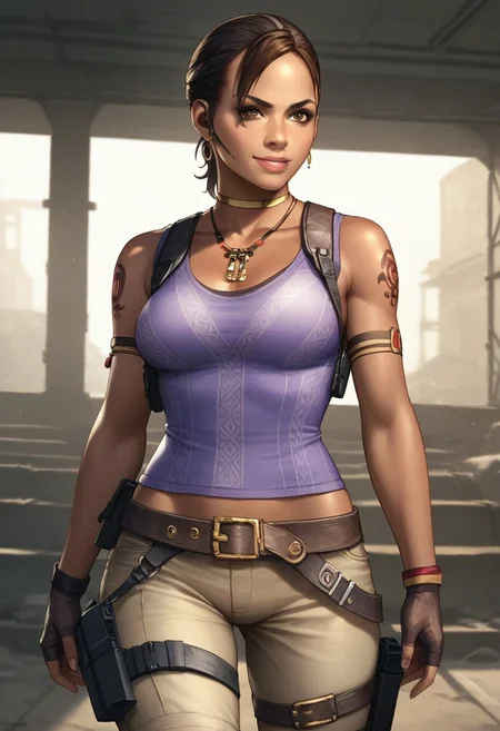 Expressiveh, score_9, score_8_up, score_7_up, <lora:RE5Sheva:0.8>, RE5Sheva, Sheva Alomar, dark skin, dark skinned, left shoulder tattoo, Shujaa tattoo, red tattoo, 1girl, solo, smirk, expressive eyes, brown eyes, black hair, ponytail, form-fitting purple singlet, beige pants, knee-high boots, tactical belt, pistol holster, fingerless gloves, traditional african jewelry,, (sexy pose),, (indoors, abandoned building, dirty room, dynamic lighting)