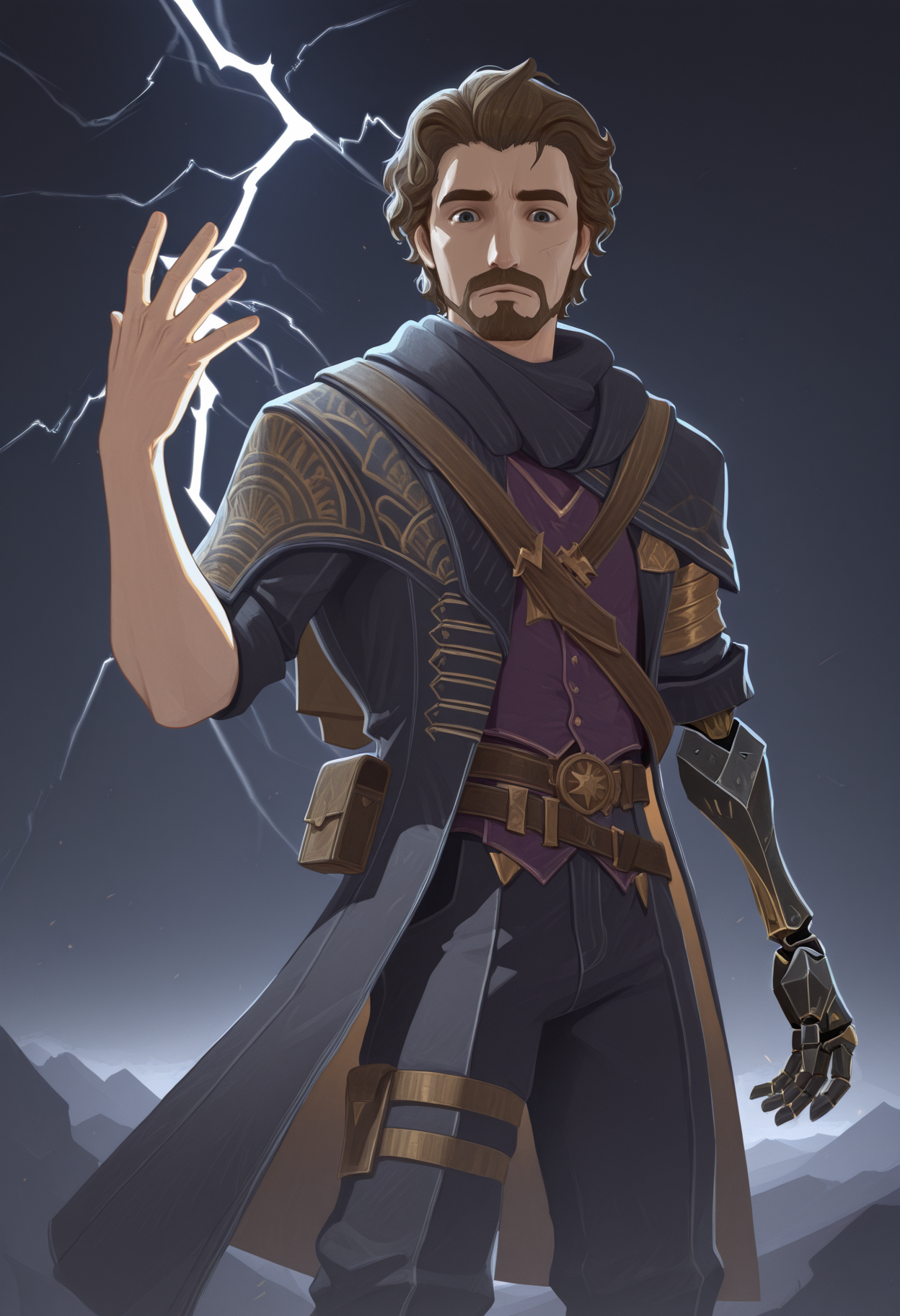 masterpiece, best quality, amazing quality, 1boy, <lora:gustav_illustrious_byJaneB:1>, gustav,
coat, single mechanical arm, single fingerless glove, pants, raised hand, (lightning:1.2),  <lora:afkJourneyIllustrious2:1> afkJourneyStyle