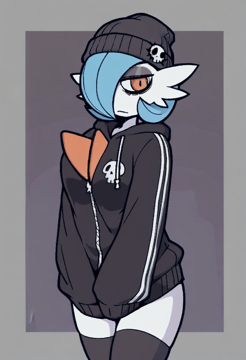 Masterpiece, best quality, aesthetic, high resolution, 1girl, anthro, solo, female, femboy, girly, Mega Gardevoir, emo, dark eyeshadow, orange eyes, blue hair, dark eye circles, black hoodie, bottomless, beanie, thighhighs, Vanripper