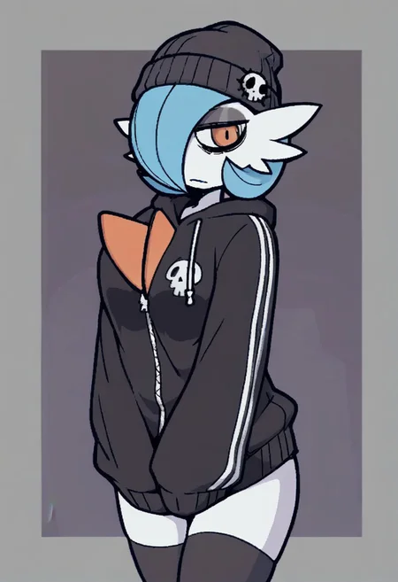 Masterpiece, best quality, aesthetic, high resolution, 1girl, anthro, solo, female, femboy, girly, Mega Gardevoir, emo, dark eyeshadow, orange eyes, blue hair, dark eye circles, black hoodie, bottomless, beanie, thighhighs, Vanripper