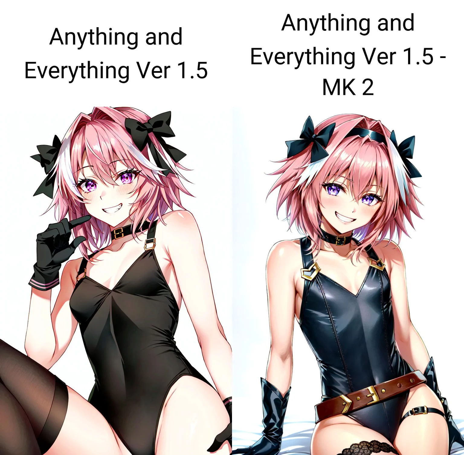 masterpiece, best quality, masterpiece, using the (golden ratio:1.2), realistic proportions, (very detailed sketch:1.1025), best quality, (astolfo fate:1.2155), (1boy), male focus, solo, (otokonoko), (trap), pink multicolored hair, pink hair, white hair, hair intakes, long hair, purple eyes, crossdressing, sleeveless fabric (cotton leotard:1.2), straps, belts, accessories, black gloves, (stockings:1.1025), skindentation, thick hips, (washboard:1.2) (breasts:0.8), (flat:1.2) (chest:0.8), cheeky grin, smug, excited, looking at viewer, covering mouth