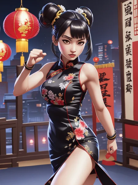 Fighting game style 8k, masterpiece, highly detailed, solo, 1girl, double bun, ((black qipao)), ((fighting stance)), dojo, paper lanterns, <lora:xl_double_bun-1.0:0.8> . Dynamic, vibrant, action-packed, detailed character design, reminiscent of fighting video games