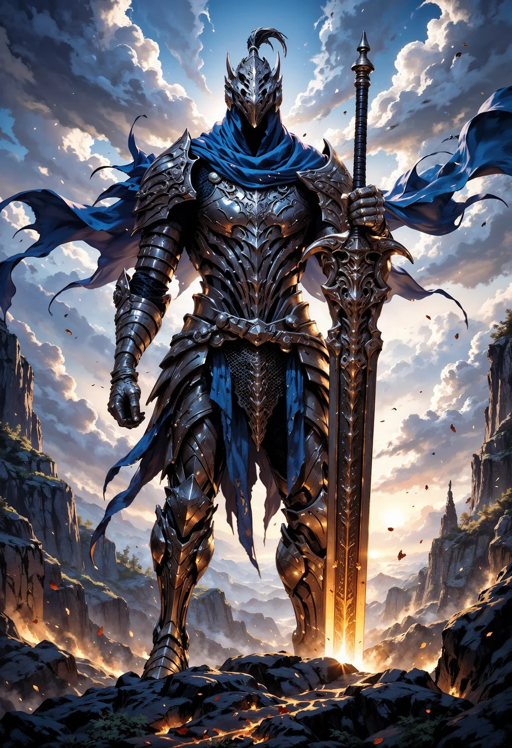 FluxArtorias, cinematic film still, A towering warrior stands amidst a swirling, ethereal sky of soft blues and whites, their blue cloak blowing in the wind, contrasting with the iridescent colorful metallic and dark steel hues of their intricate medieval-futuristic armor. holding a glowing gold massive sword, its blade etched with arcane symbols and pulsing with supernatural energy. Red and blue petals drift around the figure, hinting at a recent battle, as the glow of the sword adds to the scene's mystical, epic atmosphere, shallow depth of field, vignette, highly detailed, bokeh, moody, epic, gorgeous, film grain, grainy <lora:FluxArtorias:0.8> <lora:fluxenhancer:0.5> <lora:FluxMythP0rtr4itStyle:0.8> mythp0rt