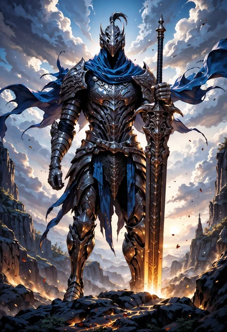 FluxArtorias, cinematic film still, A towering warrior stands amidst a swirling, ethereal sky of soft blues and whites, their blue cloak blowing in the wind, contrasting with the iridescent colorful metallic and dark steel hues of their intricate medieval-futuristic armor. holding a glowing gold massive sword, its blade etched with arcane symbols and pulsing with supernatural energy. Red and blue petals drift around the figure, hinting at a recent battle, as the glow of the sword adds to the scene's mystical, epic atmosphere, shallow depth of field, vignette, highly detailed, bokeh, moody, epic, gorgeous, film grain, grainy <lora:FluxArtorias:0.8> <lora:fluxenhancer:0.5> <lora:FluxMythP0rtr4itStyle:0.8> mythp0rt