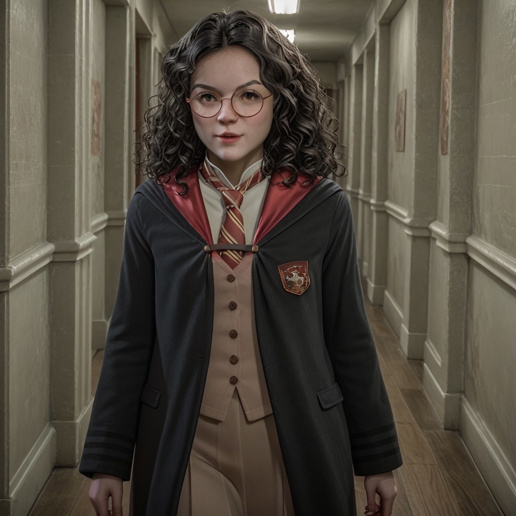 score_9, masterpiece, best quality, realistic, break, cressida_hl, round eyewear, long hair, black hair, curly hair, hogwarts school uniform, walking, hallway, looking at viewer