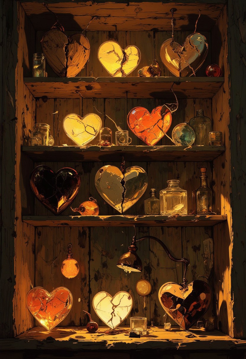 A rustic wooden shelf, bathed in a warm, golden glow, serves as a heartfelt gallery of lost love. The shelf is filled with a unique collection of broken hearts, each one crafted from a different material and visibly shattered, evoking the bittersweet beauty of imperfection.
There is a finely etched wooden heart with deliberate, jagged cracks that reveal its natural grain, whispering quiet memories of the past. Beside it, a sleek metal heart lies fractured into multiple segments that catch the muted light. An ancient stone heart, heavy and rugged, shows natural fissures and splintered edges, cracked in half. An ethereal ice heart glitters under the gentle light, its delicate form fragmented into shimmering shards that slowly melt away. A playful candy heart, glossy and vibrantly colored, is split down the middle, its sugary surface uneven and dripping remnants of former sweetness. A tender fabric heart, lovingly stitched but now with ragged seams where the threads have unraveled. Finally, a crystalline glass heart stands out with fragile luminosity; its transparent facets are fractured into a mosaic of light and shadow, refracting the warm overhead glow into sharp, glistening shards.
The entire scene is rendered with intimate detail and soft shadows, inviting quiet contemplation of the beauty in these broken relics and the passage of time.
in the style of cksc,, Anime art, DB4RZ,
