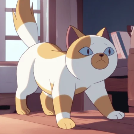 score_9, score_8_up, score_7_up, score_6_up, cakecatfn, 1girl, female, female focus, feral, furry female, cat, white fur, yellow spots, blue sclera, slit pupils, bushy tail, on all fours, mad, indoors
