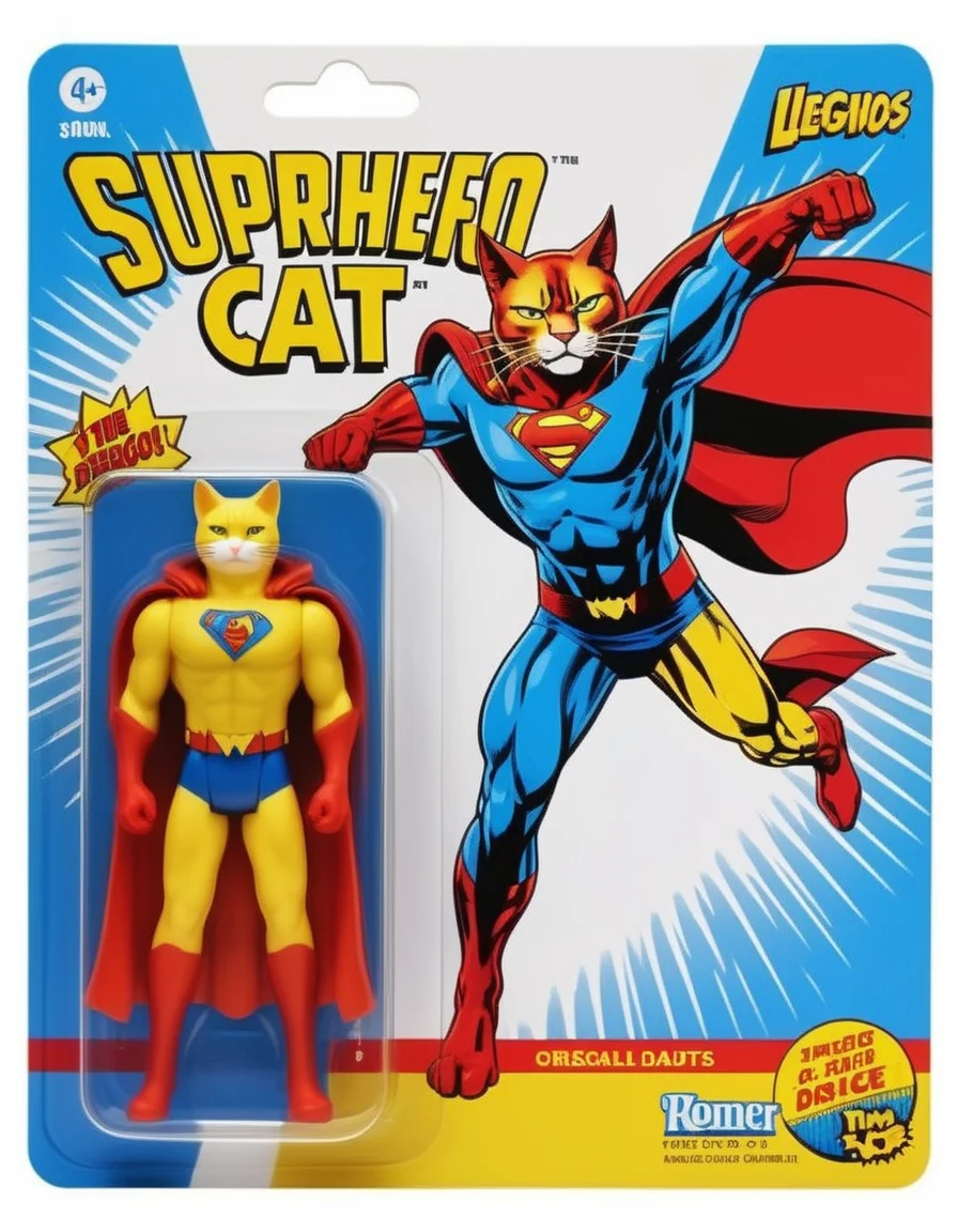 A hyper-realistic photo of the superhero cat, standing heroically next to a cartoonish packaging featuring their image. The packaging, vivid and colorful, displays a dynamic illustration of cat in action. Beside it, a meticulously detailed action figure of cat, crafted with precision, mirrors the superheroâs iconic costume and pose. The figureâs cape drapes elegantly, and its expression is one of determination and benevolence. The background is a simple, elegant display shelf, highlighting the contrast between the lifelike hero and the playful charm of the merchandise.<lora:gonza:0.75> ,