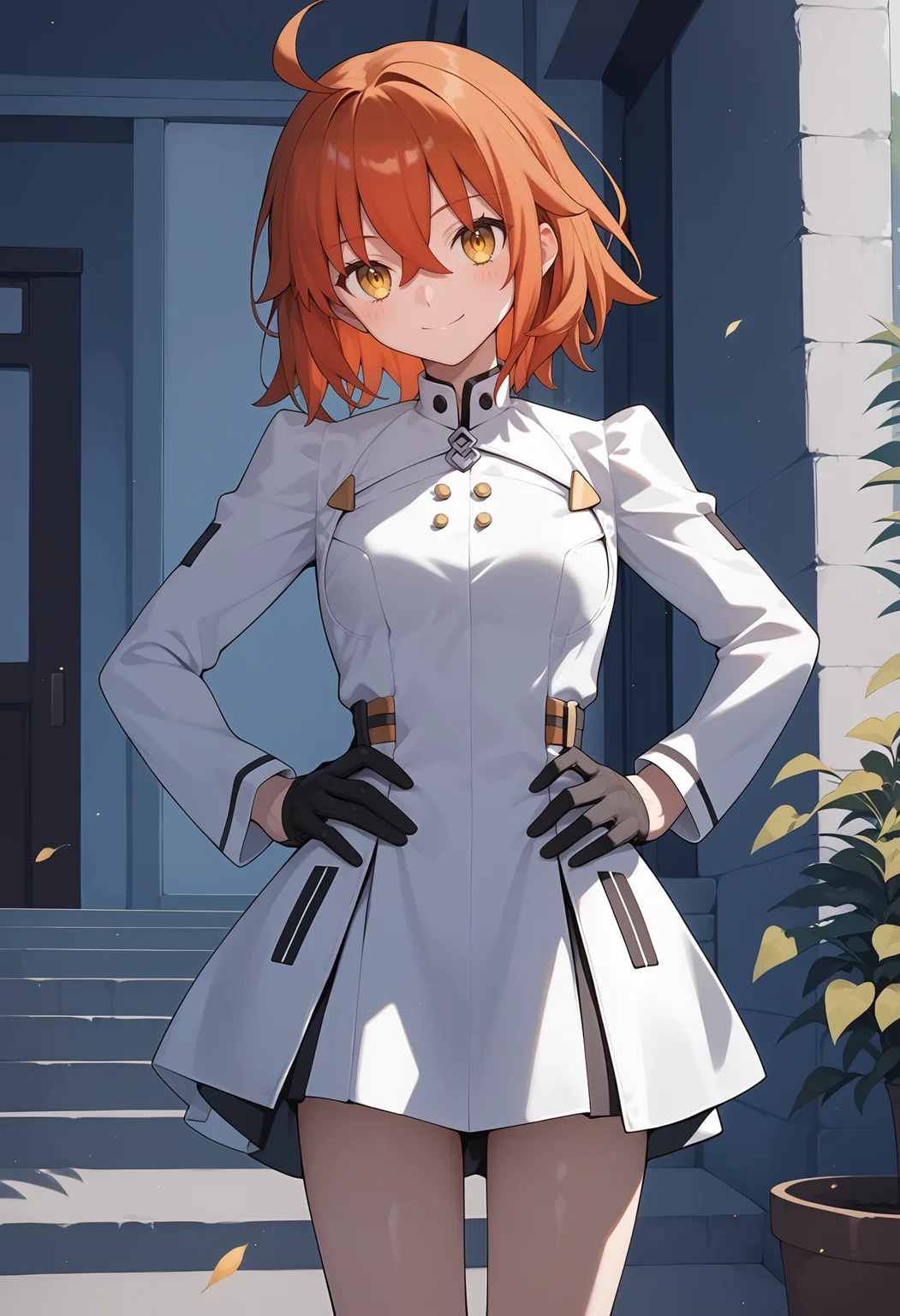 score_9, score_8_up, score_7_up, score_6_up, score_5_up, score_4_up, source_anime, aaritsuka, short hair, orange hair, yellow eyes, ahoge, breasts, short dress, white dress, long sleeves, black gloves, <lora:fujimaru_ritsuka_ponyxl_v1:0.9>, outdoors, standing, cowboy shot, smile, hands on own hips,