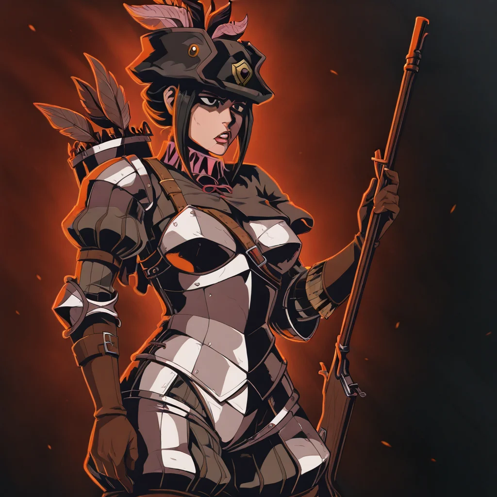 masterpiece, best quality, newest, absurdres, highres, DDstyle, official style, black eyes, shaded eyes, 1girl, DDMusV1.0, hat, rifle, holding weapon, hat, feather, tricorne, armor, gloves,