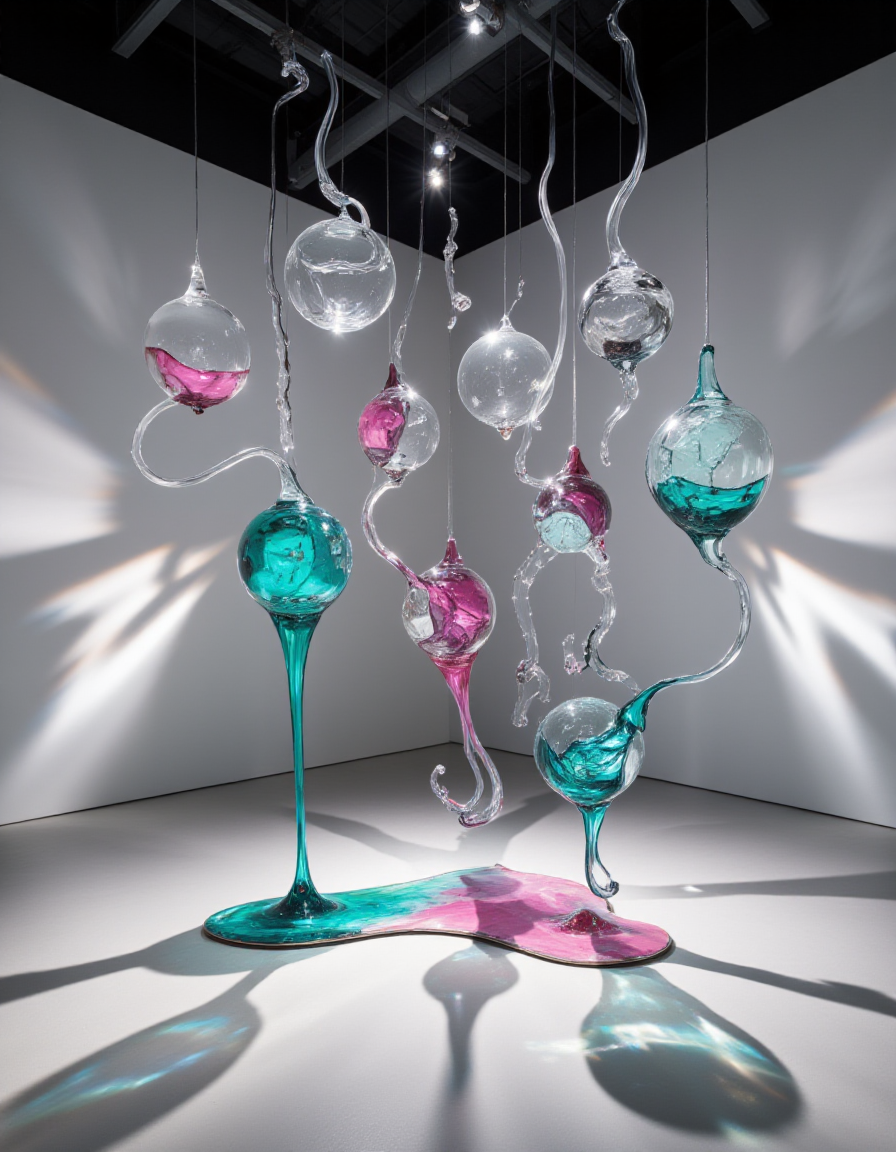 A dynamic installation of suspended mobiles crafted from fine-cut glass, featuring sharp, geometric shapes. Liquid marble in vivid hues of turquoise and magenta flows through each piece, creating a sense of fluidity. Spotlighting accentuates the mobiles' reflective surfaces, casting prismatic patterns onto the gallery walls.
<lora:ral-kntcscptr-flux:1>  <lora:Fine-Cut_Glass_Flux:1>