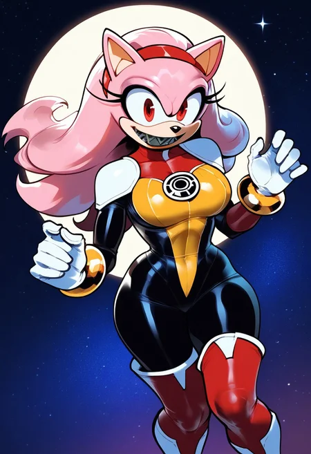score_9, score_8_up, score_7_up , masterpiece, beautiful,1 girl, solo. big breast, wide hips, sonic the hedgehog,
Possesed_AmyEXE, 1girl,long hair, smile, gloves, animal ears, pink hair, sidelocks, hairband, boots, teeth, shiny, white gloves, sharp teeth,furry, large eyes, furry female, red hairband, body fur, animal nose, two-tone fur, pink fur, wild Red eyes,
, SinestronCOS,thighhighs,violet gloves,skin tight,bodysuit,superhero,black bodysuit,yellow bodysuit,sinestrocorps symbol on chest, , knee boots, white boots,sinestrocorps symbols on chest, anime art style, starry background, outerspace,