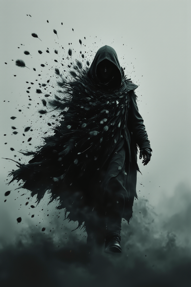 Dark, mysterious figure shrouded in a cloak of black feathers.  Silhouette of a person wearing a hooded garment, dense with scattered, flowing black feathers.  Full-length figure, walking;  motion captured in a  still image.  A minimalist, moody, and atmospheric composition.  Muted light, predominantly gray-green backdrop.  Dramatic contrast between the dark figure and pale background.  Feathers are highly detailed, creating a sense of volume and movement.  The cloak's shape suggests a flowing, voluminous garment.  Neutral perspective, from a slightly lower viewpoint.  Composition is centered, with the figure's movement creating a sense of dynamism despite the stillness of the image.  Minimalist aesthetic, emphasizing the somber mood and mysterious nature of the figure.   Dark, rich shades of black and gray-green palette.  A high-key aesthetic with a subtle soft-focus or depth-of-field effect on the feathers.  Atmospheric, gothic, and ethereal mood.,darkness,darkness element,dark element
