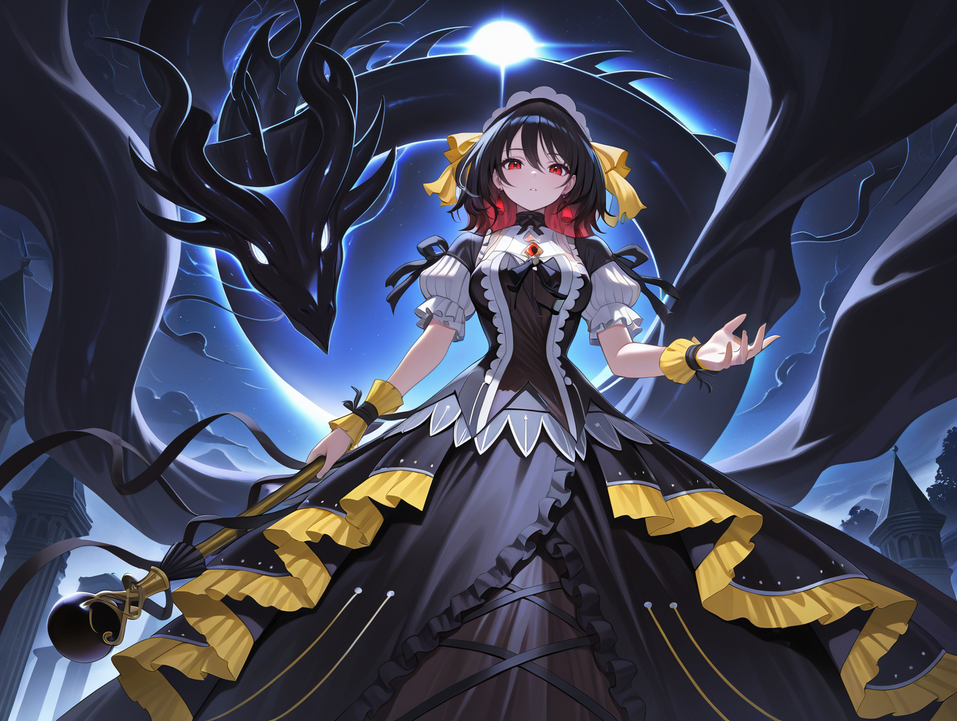 1girl, solo, looking at viewer, holding staff, staff, dark theme, night, open hand, yellow short sleeves, yellow hairband, black princess dress, from below, solar eclipse, black frills, black dragon, red earrings
masterpiece,best quality,amazing quality,very aesthetic,absurdres,newest,<lora:underworld goddess of the closed world illuXL v1:0.82>,