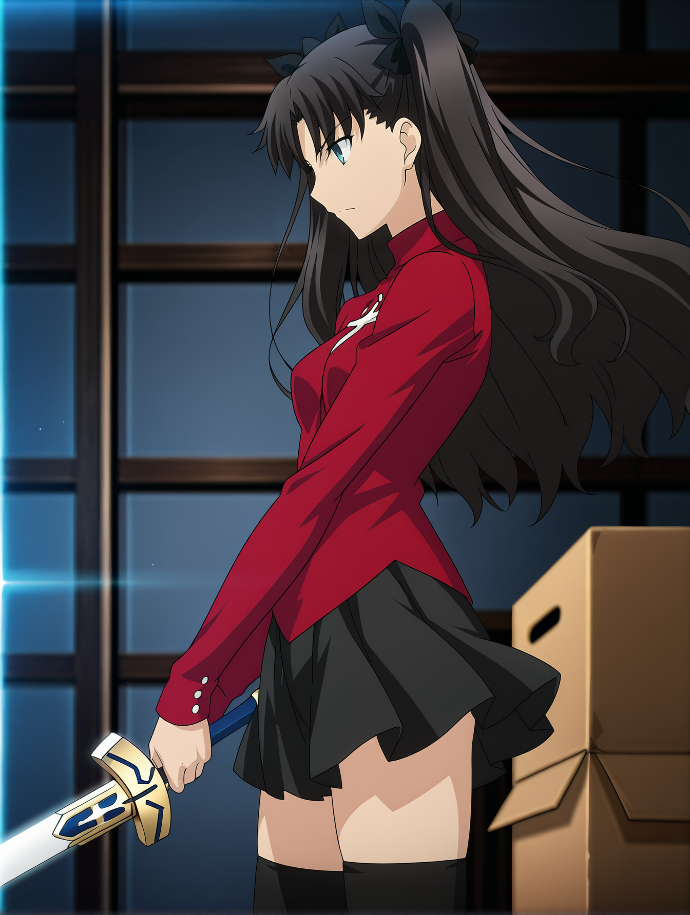 <lora:T_Rin_ilxlv1.3:1> t_rin,two side up,black hair bow,black hair,blue eyes, r_clothes,turtleneck,long sleeves,red shirt,miniskirt,black_thighhighs
1girl, solo, standing, from side, indoors, light rays, cardboard box, shelf, night, dark, serious, excalibur \(fate/stay night\), holding sword, planted sword, serious, closed mouth, anime screencap, blurry background