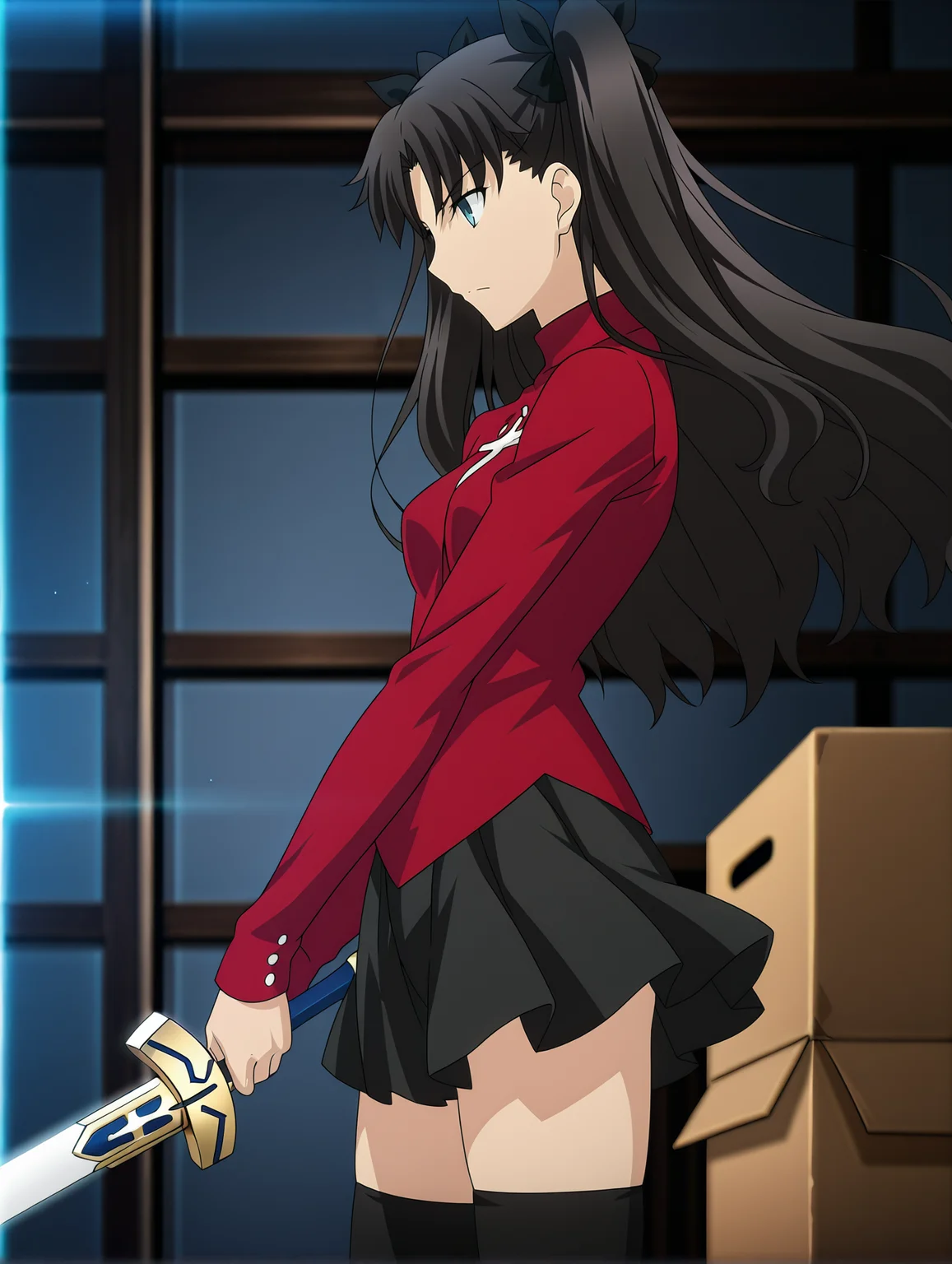 <lora:T_Rin_ilxlv1.3:1> t_rin,two side up,black hair bow,black hair,blue eyes, r_clothes,turtleneck,long sleeves,red shirt,miniskirt,black_thighhighs
1girl, solo, standing, from side, indoors, light rays, cardboard box, shelf, night, dark, serious, excalibur \(fate/stay night\), holding sword, planted sword, serious, closed mouth, anime screencap, blurry background