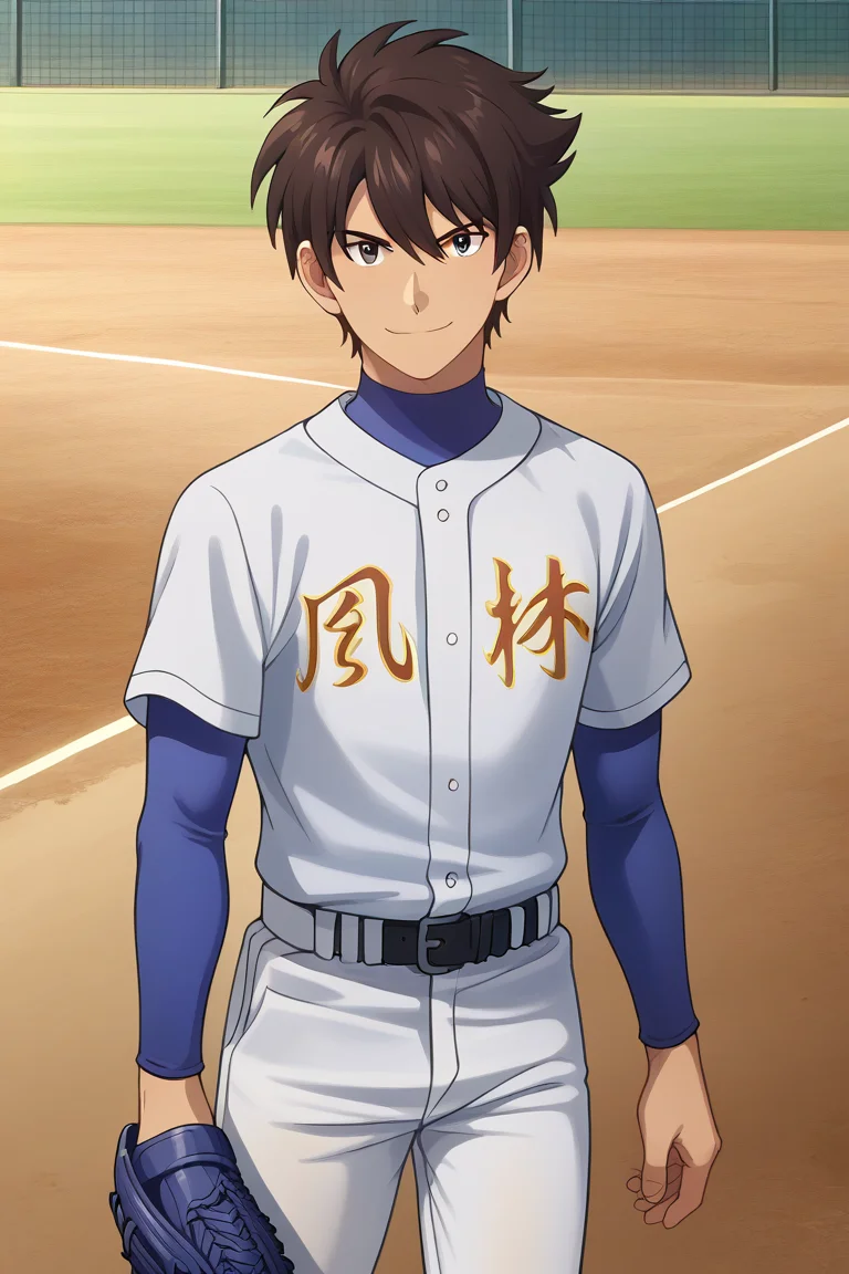 zPDXL2,<lora:Akira_Nishina:1>,akira nishina,1boy,male focus,solo,baseball uniform,white pants,smile,pants,baseball mitt,looking at viewer,shirt,closed mouth,belt,white t-shirt,shade,pitching,blue turtleneck,short over long sleeves,anime screenshot,standing,