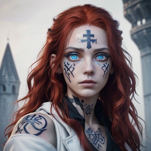 bright red hair, human female, (feminine:1.7), (beautiful face, detailed face:1.6), (beautiful eyes, detailed eyes:1.7), (looking at viewer, eye contact, intense:1.6), (long hair, red hair, curly hair:1.3), , ((masterpiece, best quality, high resolution, realistic, best quality,)), photo realistic, Perfect Face, (detailed face). <lora:GoodHands-vanilla:0.6> <lora:add-detail-xl:0.8>, mage, (Dress White military uniform coat), dagger, rune dagger, glowing runes, , (((glowing magic symbols tattoos, religious tattoos))), ((face tattoos)), glowing tattoos, stone tower in the background