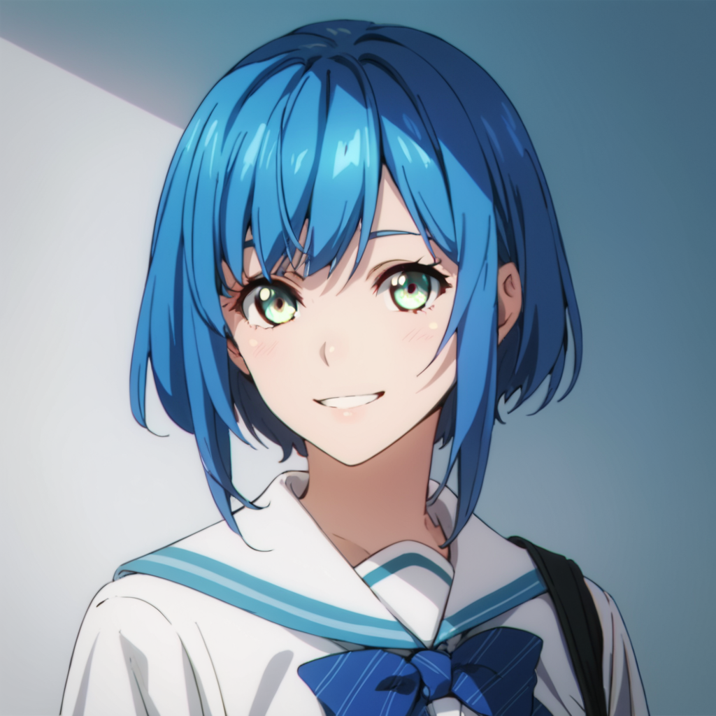score_9, score_8_up, score_7_up, score_6_up, score_5_up, score_4_up, source_anime,  Astarte, blue hair, , school uniform, portrait, smile
