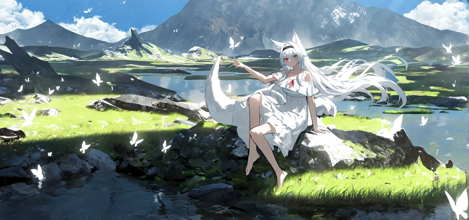 1girl, solo, wide shot, sitting, red eyes, green eyes, crossed bangs, looking at viewer, heterochromia, mountainous horizon, smile, blush, hair intakes, collarbone, floating hair, multiple tails, white hair, black headband, outstretched arm, white dress, sundress, fox girl, fox tail, breasts, light particles, butterfly, water, day, <lora:asteroid_ill:0.6>, asteroid_ill, masterpiece, highres, best quality, year 2024