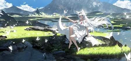 1girl, solo, wide shot, sitting, red eyes, green eyes, crossed bangs, looking at viewer, heterochromia, mountainous horizon, smile, blush, hair intakes, collarbone, floating hair, multiple tails, white hair, black headband, outstretched arm, white dress, sundress, fox girl, fox tail, breasts, light particles, butterfly, water, day, <lora:asteroid_ill:0.6>, asteroid_ill, masterpiece, highres, best quality, year 2024