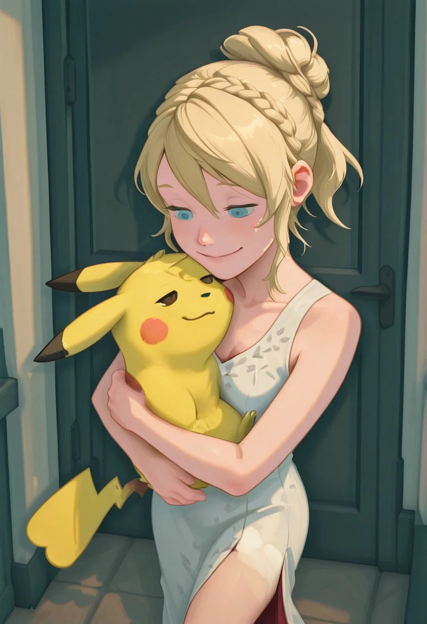 embedding:IllusP0s, g00se, from above, Lunafreya Nox Fleuret, blonde hair, hair up, braid, asymmetrical bangs, sleeveless dress, white dress, blue eyes, hugging pikachu, hug, milachuv2, pikachu, 1girl, solo, loving, smile,<lora:g00se_v2_ill.safetensors:1.0:1.0> <lora:Lunafreya_Nox_Fleuret_ill.safetensors:1:1>