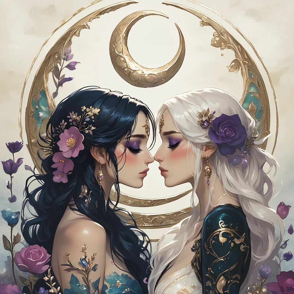 ArsMJStyle, Gemini, The image shows two women with long hair and flowers in their hair standing in front of a crescent moon. The painting is an illustration of a woman and a girl with the woman's face illuminated by the moonlight., multiple girls, 2girls, flower, hair ornament, hair flower, long hair, closed eyes, moon, crescent moon, white hair, makeup, black hair, jewelry, crescent, eyeshadow, profile, yuri, blush, imminent kiss, earrings core_9, score_8_up, score_7_up, score_6_up, <lora:ArsMJStylePony:1>