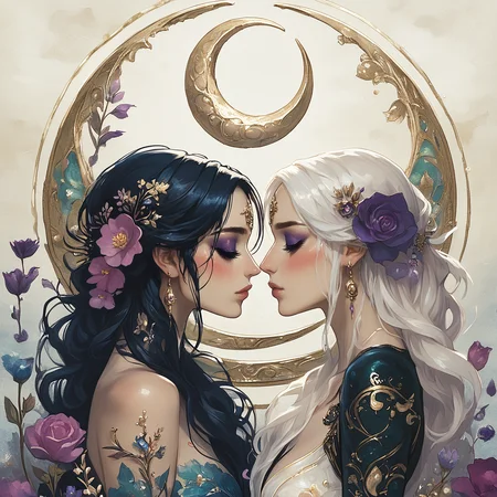 ArsMJStyle, Gemini, The image shows two women with long hair and flowers in their hair standing in front of a crescent moon. The painting is an illustration of a woman and a girl with the woman's face illuminated by the moonlight., multiple girls, 2girls, flower, hair ornament, hair flower, long hair, closed eyes, moon, crescent moon, white hair, makeup, black hair, jewelry, crescent, eyeshadow, profile, yuri, blush, imminent kiss, earrings core_9, score_8_up, score_7_up, score_6_up, <lora:ArsMJStylePony:1>