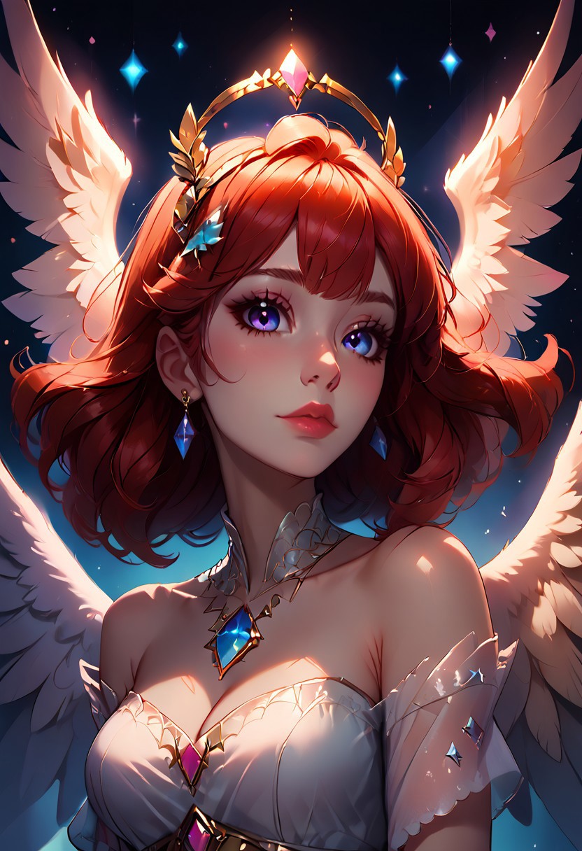 ((score_9, score_8_up, score_7_up,score_9, score_8_up, score_7_up)), angel wings, feathered wings, wings, white wings, angel, single wing, sparkle, spread wings, halo, 1girl, white feathers, star (sky), feathers, mini wings, starry sky, pink wings, multiple wings, head wings, shooting star, glowing wings, kishin sagume, angel and devil, jewelry, bird wings, solo, dove, low wings, black wings, breasts, large wings, glint, earrings, pegasus, long hair, multicolored wings, blue wings, constellation, upper body, yellow wings, brown wings, night sky, detached wings, light particles, sparkle background, hair ornament, cleavage, sky, bangs, gloves, harpy, lens flare, wing ears, gold, pink lips, fake wings, medium breasts, bare shoulders, artist name, lips, talons, looking at viewer, mascara, galaxy, gem, aurora, red lips, green wings, (((Oversized clothing:2, Casual clothing)))