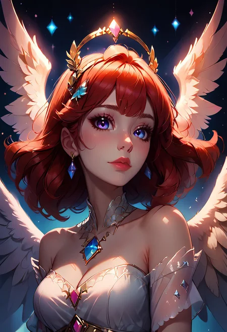 ((score_9, score_8_up, score_7_up,score_9, score_8_up, score_7_up)), angel wings, feathered wings, wings, white wings, angel, single wing, sparkle, spread wings, halo, 1girl, white feathers, star (sky), feathers, mini wings, starry sky, pink wings, multiple wings, head wings, shooting star, glowing wings, kishin sagume, angel and devil, jewelry, bird wings, solo, dove, low wings, black wings, breasts, large wings, glint, earrings, pegasus, long hair, multicolored wings, blue wings, constellation, upper body, yellow wings, brown wings, night sky, detached wings, light particles, sparkle background, hair ornament, cleavage, sky, bangs, gloves, harpy, lens flare, wing ears, gold, pink lips, fake wings, medium breasts, bare shoulders, artist name, lips, talons, looking at viewer, mascara, galaxy, gem, aurora, red lips, green wings, (((Oversized clothing:2, Casual clothing)))
