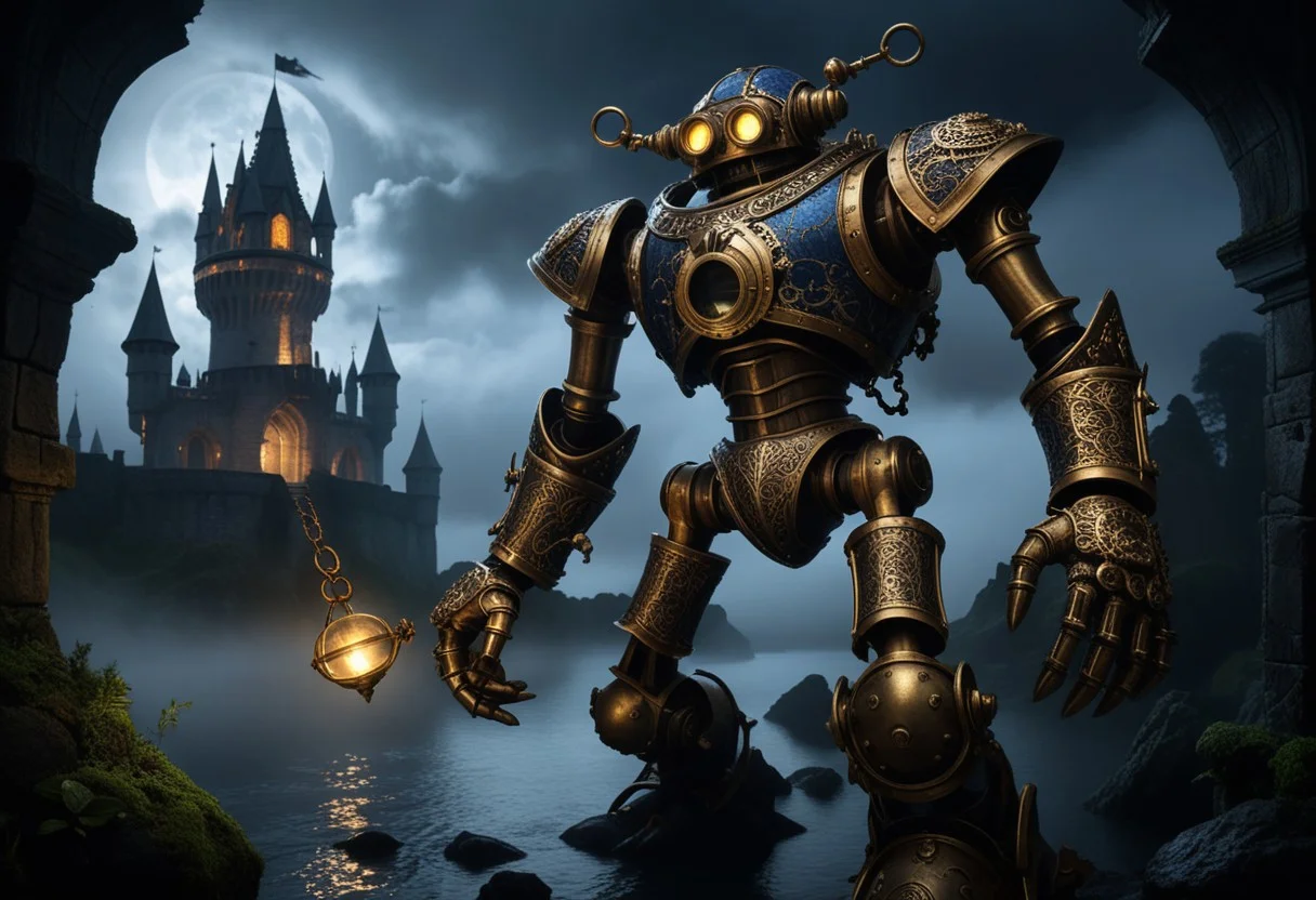 giant bipedal robot brass and dark blue, bronze paisley robot. lacy robot metal. diving helmet head. outside of a steampunk keep. large detailed torso. dark image. one forty foot tall ancient robot with great arms and two heavy spring legs. dark foggy night background. $dark foggy night image only. dark photo realistic image. steampunk details. cogs, chains and pipes incorporated in the fantasy buildings. magic wizards tower in background. Dark swamp, moss, castle ruins, wizards tower. stormy dark night.  stormy sky.