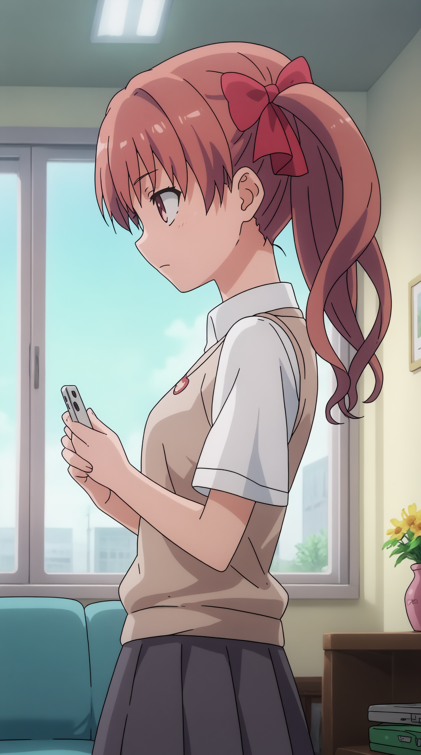 score_9, score_8_up, score_7_up, best background, detailed background, 4k, upscale, anime_source,  Kuroko Shirai, Main Outfit, solo, phone, cellphone, indoors,  <lora:JN_Kuroko_Shirai_Pony:0.8>