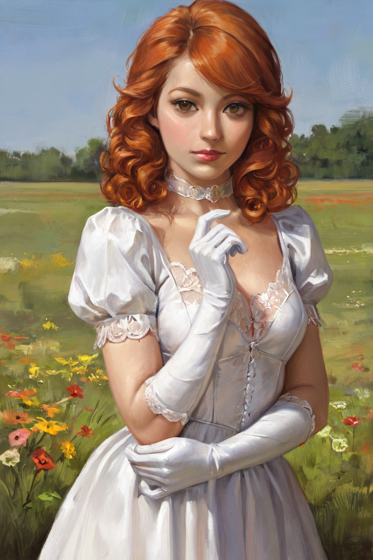 masterpiece, best quality, highres, newest, traditional media, realistic, 1girl, solo, medium hair, curly hair, wavy hair, orange hair, swept bangs, brown eyes, lips, lipstick, looking at viewer, medium breasts, choker, medium dress, white dress, lace trim, puffy sleeves, puffy short sleeves, short sleeves, gloves, elbow gloves, white gloves, hand up, cowboy shot, closed mouth, standing, outdoors, field, flower, grass, plant, sky <lora:Gothic Painting [LoRA] - NoobAI-XL EPS 1.0:1>