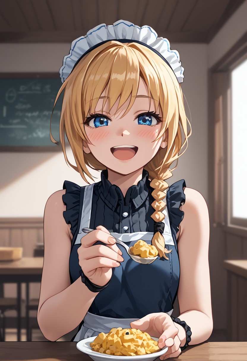 score_4,score_5,score_6,score_7_up,score_8_up,score_9 ((masterpiece,best quality,ultra detailed,highres,HD,4k:1.2)), 
1girl, solo,solo focus,girl focus,face focus,
blonde hair,long hair,braided ponytail,spiked hair,single braids,blue eyes,
((Apron, sleeveless, exposed arms, exposed shoulders, frilly aprons:1.1)), upper body, pov,feeding,looking at viewer,feeding, food,incoming food, holding spoon, 
looking at viewer,blush,shy,smile,open mouth,