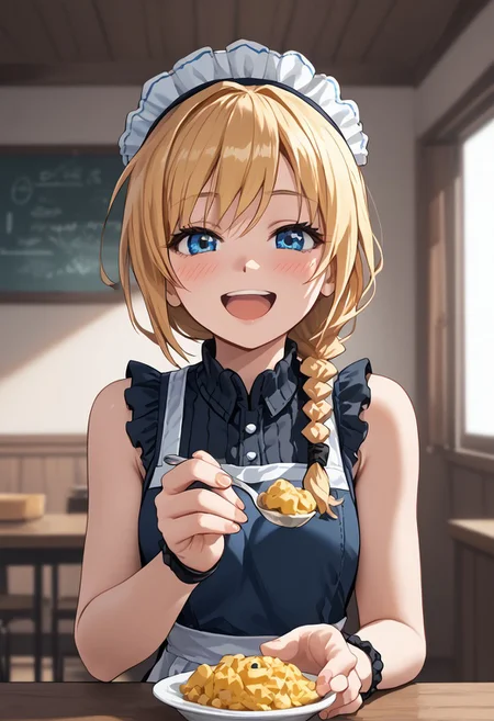 score_4,score_5,score_6,score_7_up,score_8_up,score_9 ((masterpiece,best quality,ultra detailed,highres,HD,4k:1.2)),
1girl, solo,solo focus,girl focus,face focus,
blonde hair,long hair,braided ponytail,spiked hair,single braids,blue eyes,
((Apron, sleeveless, exposed arms, exposed shoulders, frilly aprons:1.1)), upper body, pov,feeding,looking at viewer,feeding, food,incoming food, holding spoon,
looking at viewer,blush,shy,smile,open mouth,