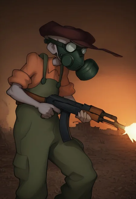 Masterpiece, best quality, absurdres, highest quality, solo, 1boy, Eustace, Bagge, hat, green overalls, glasses, (gas mask:1.3), holding ak-47, assault rifle, firing, urban wasteland background, Hooters restaurant in the background, (looking at viewer:1.2), detailed background,