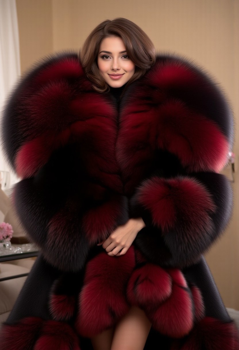 Stunning Russian woman with short brown hair, wearing a giant voluminous black and red fur coat. Face closeup. Huge fur coat. Tall, long legs, abs, very fit body, smile, seductive. Gorgeous face. Extravagant coat and hair, huge neck fur, earrings, fancy