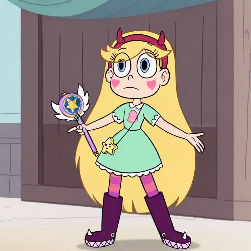 star_butterfly, dress01, 1girl, light-skinned female, solo, blonde hair, fake horns, horned headwear, horns, hairband, red hairband, long hair, very long hair, blue eyes, purple and orange pantyhose, purple and orange striped pantyhose, heart, hearts on cheeks, dress, aqua dress, short sleeves, boots, horned purple boots, full body, beach,, wand